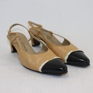 St. John Slingback Heels 6.5 Beige Black Cap Toe Block Heel Designer Shoes